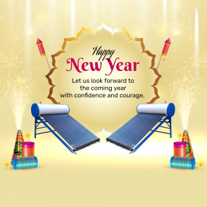 New Year greeting with solar water heaters and fireworks