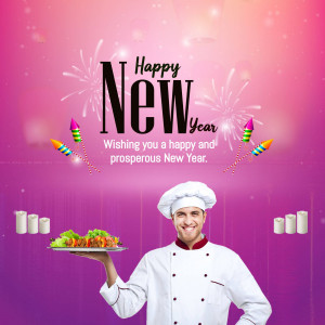 Chef presenting a New Year's feast with fireworks and candles
