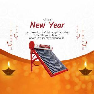 New Year greeting with a solar water heater and festive decorations
