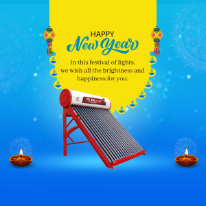 New Year greeting with a solar water heater and festive decorations