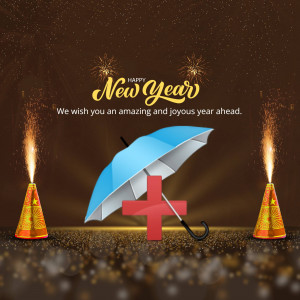 New Year greeting with an umbrella, fireworks, and a gift box.