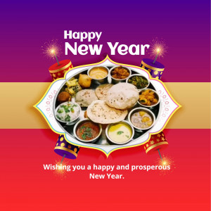 New Year greeting with a platter of Indian food and festive decorations.