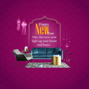 Modern living room decorated for New Year with lights and furniture