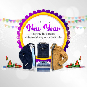 New Year greeting with clothing items displayed