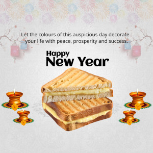 New Year greeting with a toasted sandwich, candles, and lanterns
