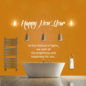 Happy New Year greeting with a bathroom scene and lit diyas