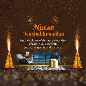 Nutan Varshabhinandan greeting with a decorated living room and fireworks