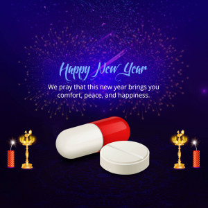 New Year greeting with medication and traditional lamps