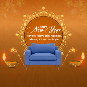 New Year greeting with a sofa and festive decorations