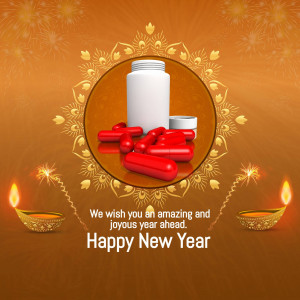 Pills and medicine bottle with Diwali lights and New Year greeting