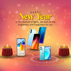 New Year promotion featuring smartphones and festive decorations.