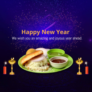 New Year celebration with traditional food and fireworks