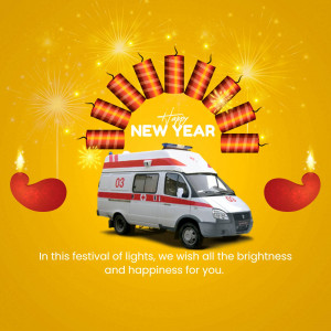 An ambulance parked in front of New Year fireworks and diyas with a festive message.