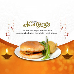 New Year greeting with a burger and traditional Indian sweets