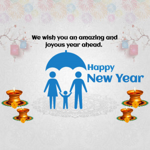 Family under an umbrella with New Year greetings and candles