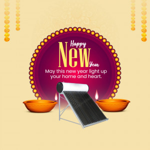 Happy New Year greeting with a solar water heater