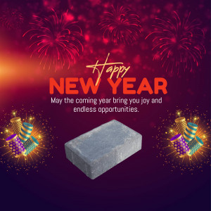 New Year greeting with fireworks, a gift box, and festive decorations.