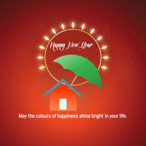 New Year graphic with a house under an umbrella and a sunburst