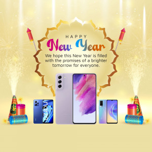 New Year promotion featuring smartphones and festive decorations.
