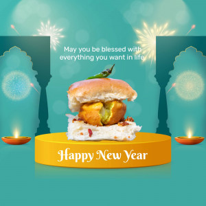 Vada Pav with New Year greetings and festive decorations
