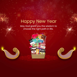 A festive New Year image with a gift box filled with various food items, flanked by traditional oil lamps and fireworks.