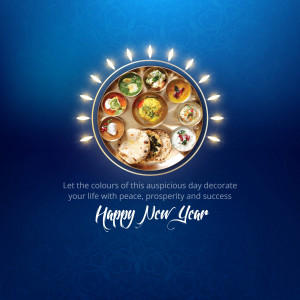 Image of a traditional Indian Thali with lit diyas and a Happy New Year greeting.