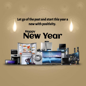 New Year promotion featuring home appliances with a motivational message.