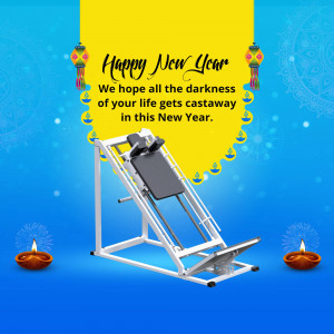 New Year's greeting with a gym machine and festive decorations