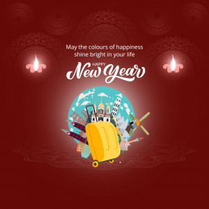 New Year greeting with travel themed illustration
