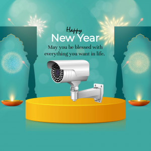 New Year greeting with a security camera and festive decorations