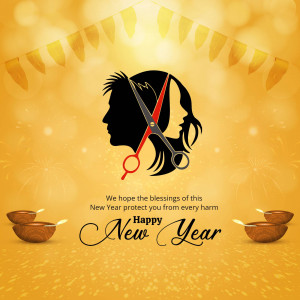 Silhouette of a woman getting a haircut with New Year decorations
