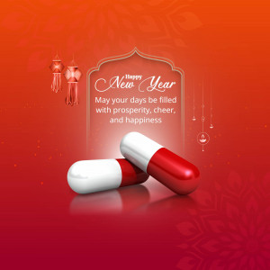 New Year greeting with pills and festive decorations