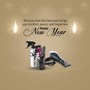 New Year greeting with salon tools and festive decorations