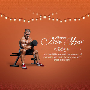 Man lifting dumbbells on a bench with New Year decorations.
