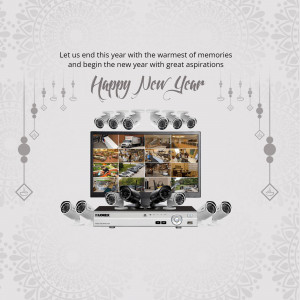 New Year promotion featuring a security system with a festive background.