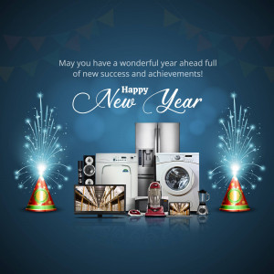 New Year greeting with appliances and fireworks