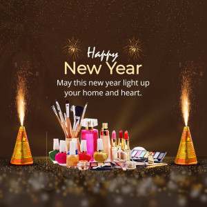 New Year greeting with makeup products and festive lights