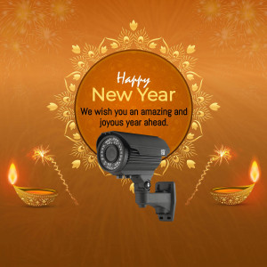 New Year greeting with a security camera and traditional decorations