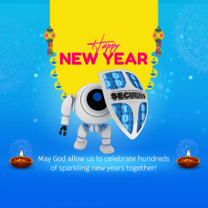 Robot holding a shield with binary code, celebrating New Year with diya lamps.
