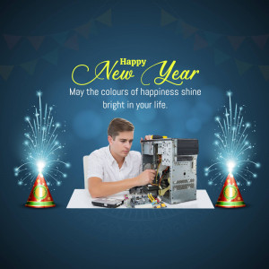 Man working on a computer with New Year fireworks and decorations