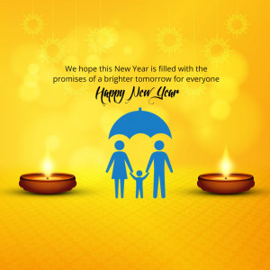 New Year greeting with a family under an umbrella and lit candles