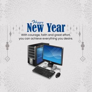 Happy New Year greeting with a computer and motivational text.