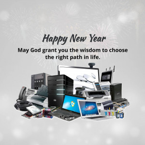 New Year greeting with a pile of computer equipment