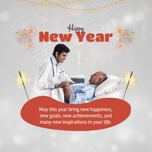 A doctor visiting an elderly patient in a hospital bed with New Year decorations.