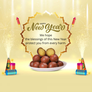 New Year greeting with sweets and fireworks