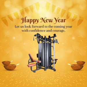 New Year greeting with a gym multi-station machine and festive decorations.