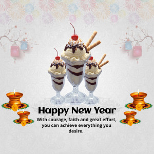 Three ice cream sundaes with Happy New Year wishes