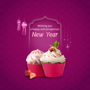 Two cupcakes with strawberries and New Year decorations on a purple background