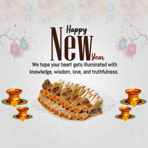 New Year greeting with Indian sweets and lit lamps