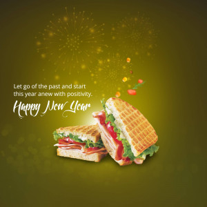 New Year graphic with a sandwich and fireworks